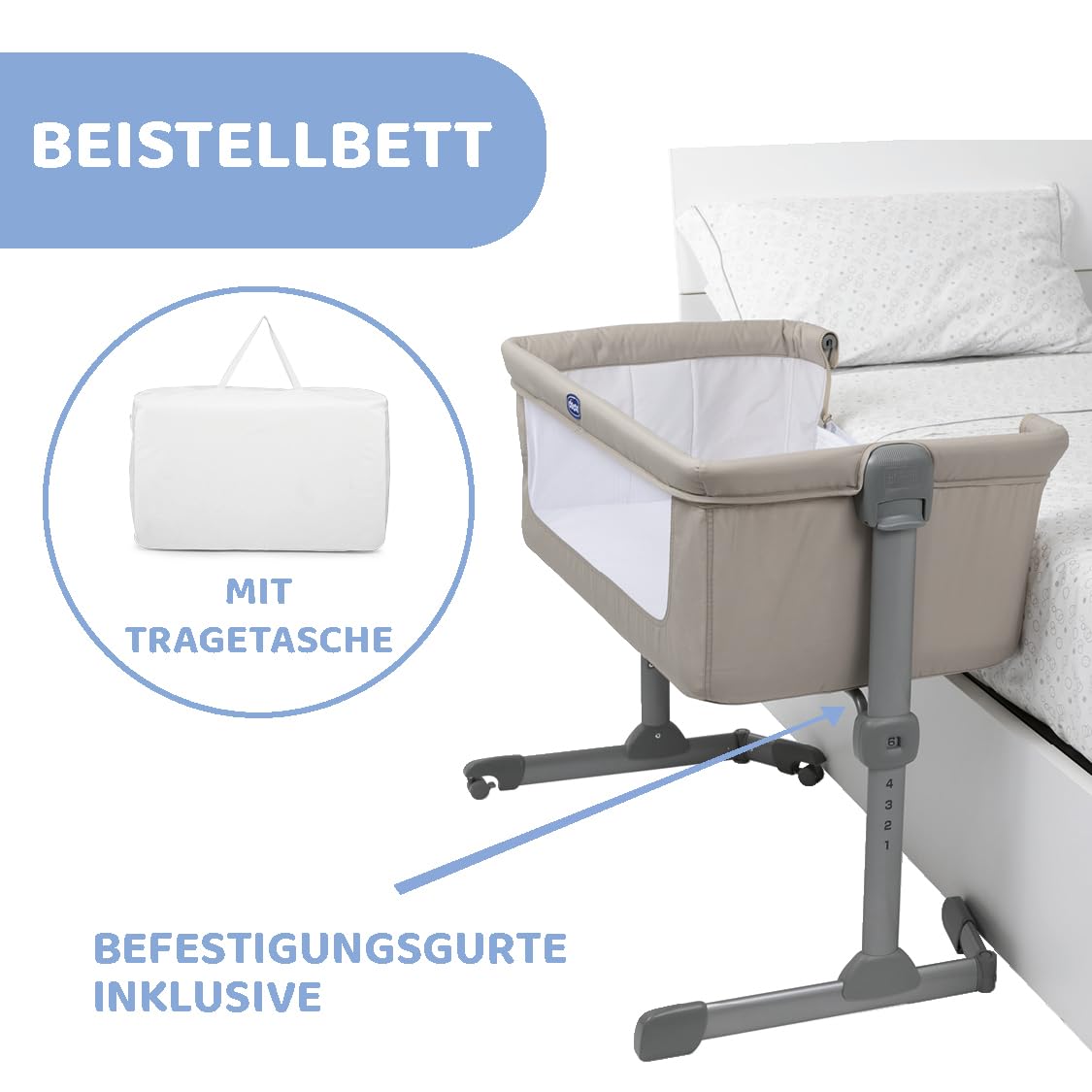 Chicco Next2Me Essential vooditasku, 6 kõrgusastet, beež (Dove), 0–6 kuud