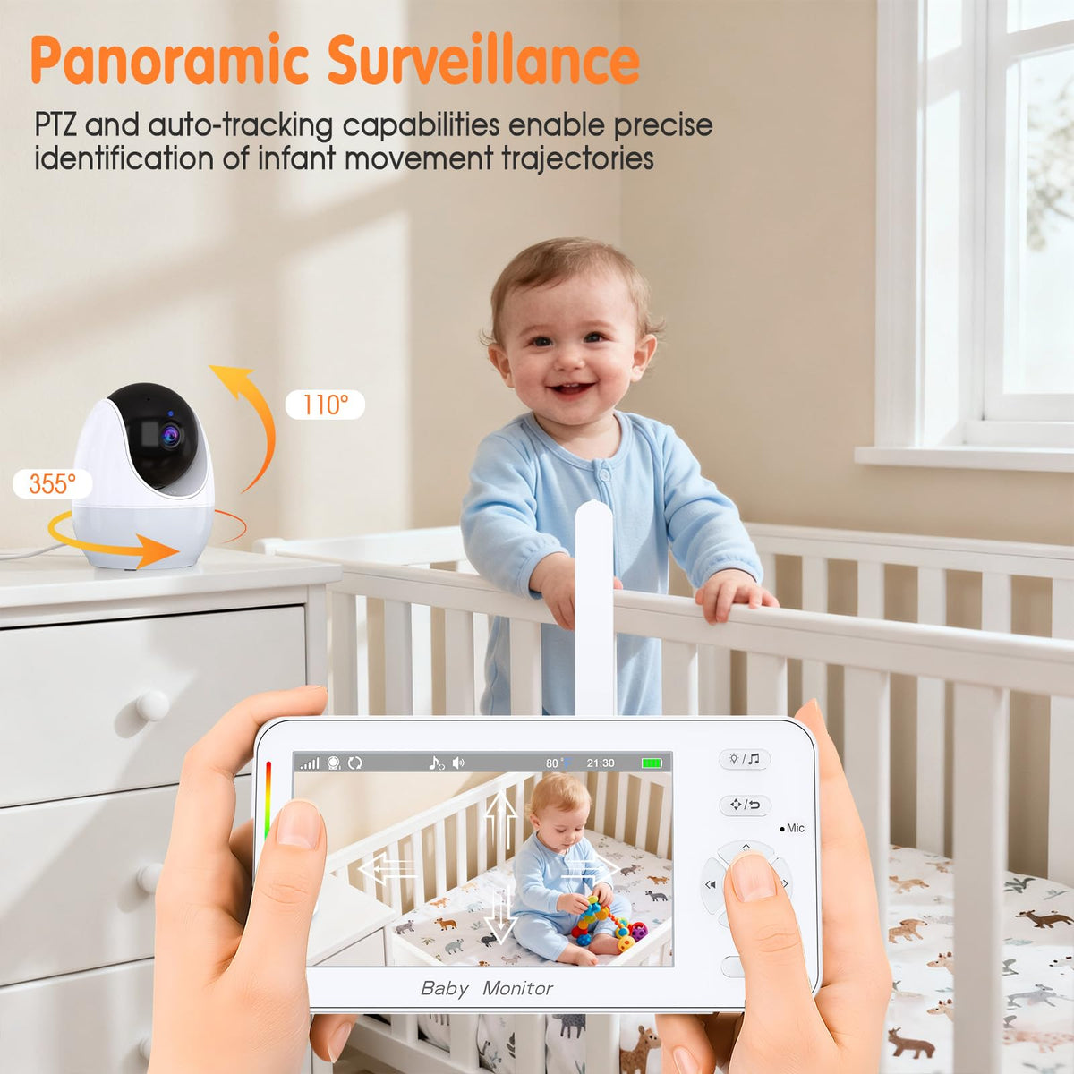 Beebimonitor kaamera ja nutirakendusega, 4,3-tolline ekraan, pööratav Full HD 1080p kaamera, öönägemine, nutu- ja liikumisandur