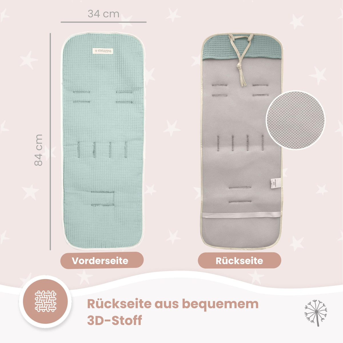 MIMUSELINA universaalne vankri istmepadi Waffle Mint, 34 × 84 cm