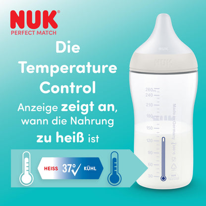NUK Perfect Match lutipudel 3+ kuud 260 ml Temperature Control, 3 tk, jõehobu