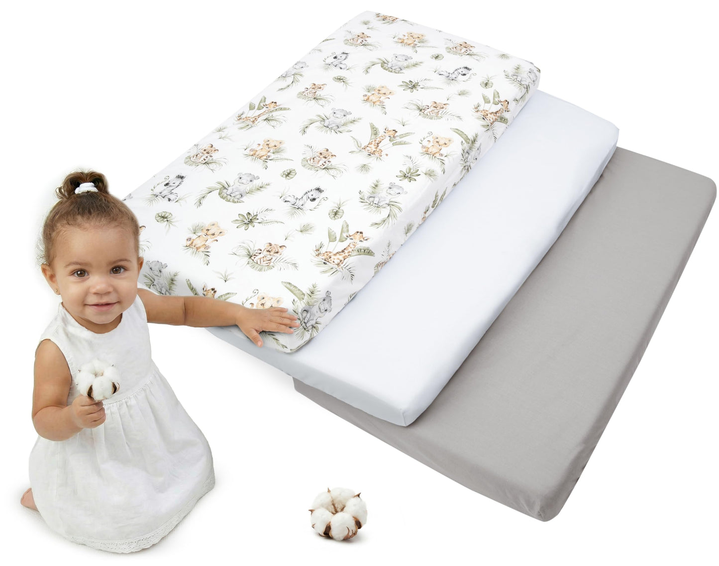 Medi Partners voodilina 60 x 120 cm, 3 tk, Safari-valge-hall, 100% puuvill