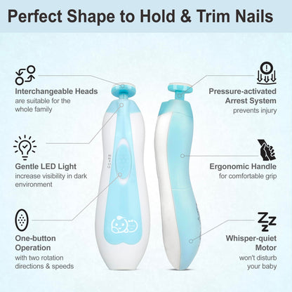 Royal Angels electric baby nail file, 21-piece set with LED light, 13 extra pads, turquoise