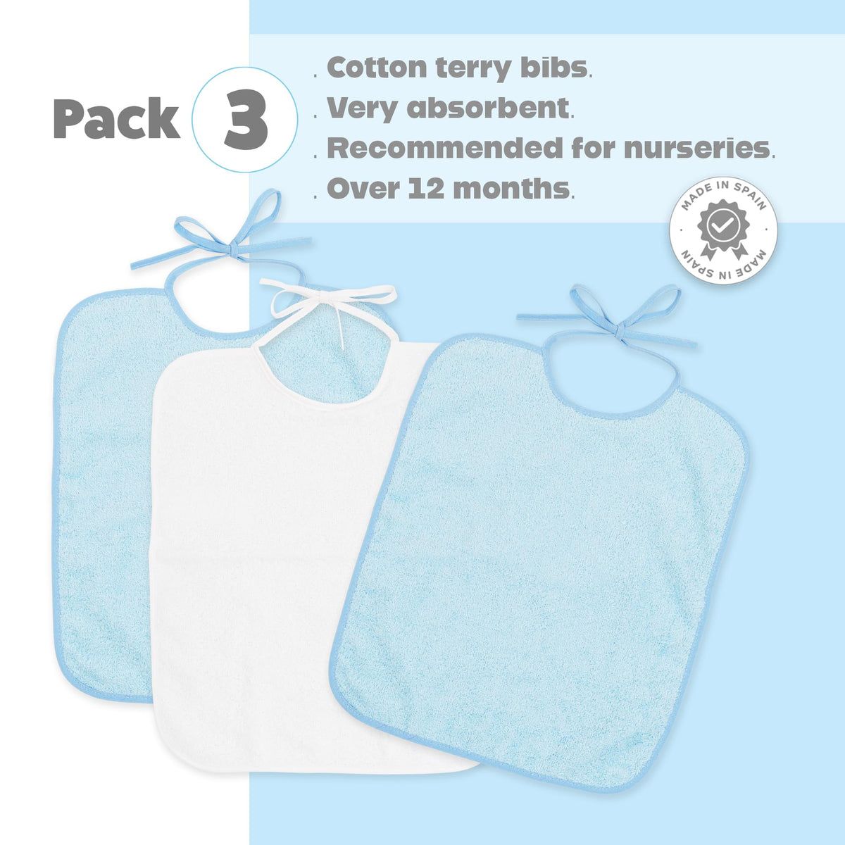 Ti TIN froteest pudipõlled sidumispaeltega, 3 tk, 32 × 36 cm, sinine ja valge (alates 1 aastast)