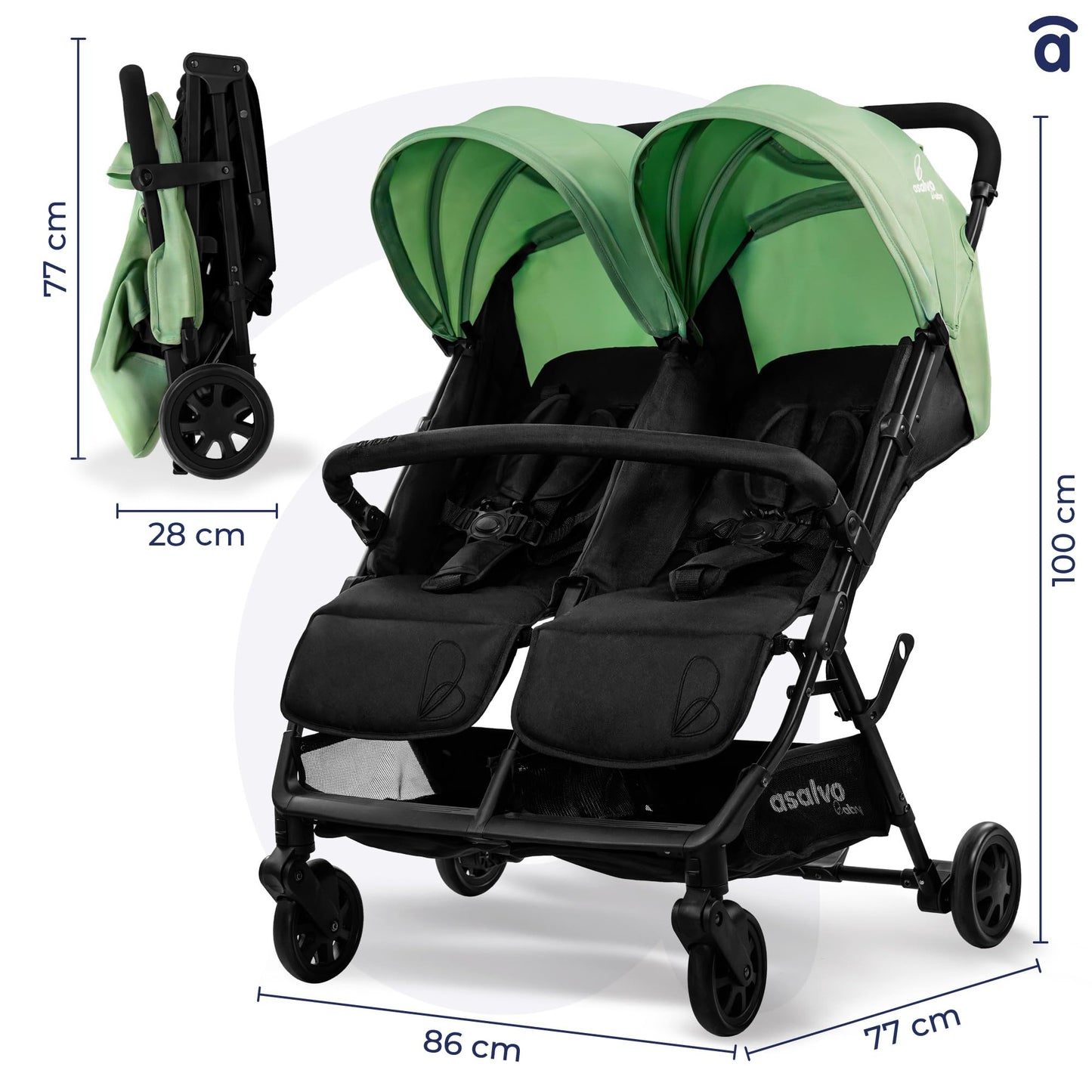 Asalvo Double Henry kaksikkäru vastsündinule kuni 15 kg, reguleeritav ja kokkupandav, roheline