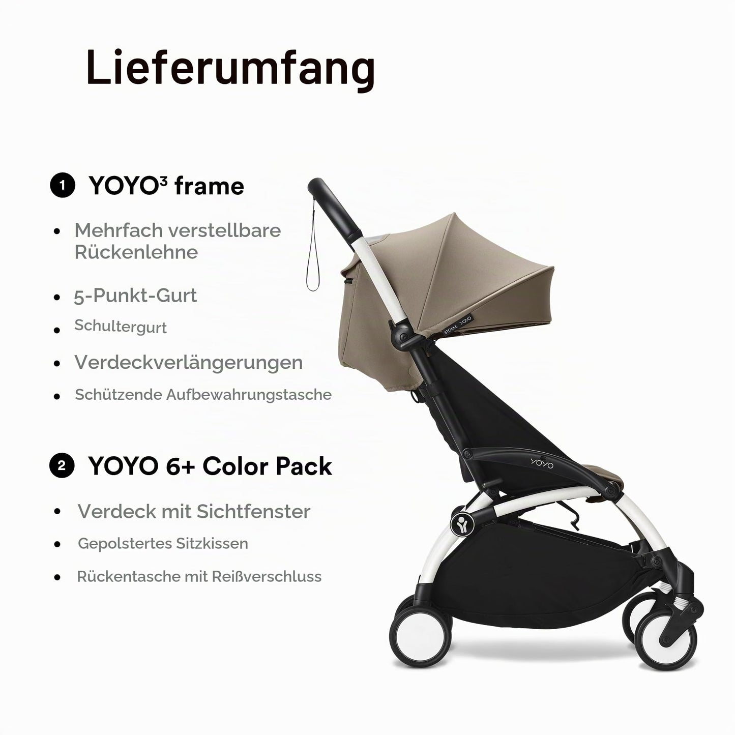 Stokke YOYO3 kergkäru/jalutuskäru, 6+ kuud, valge raam, Taupe kangad + vihmakile