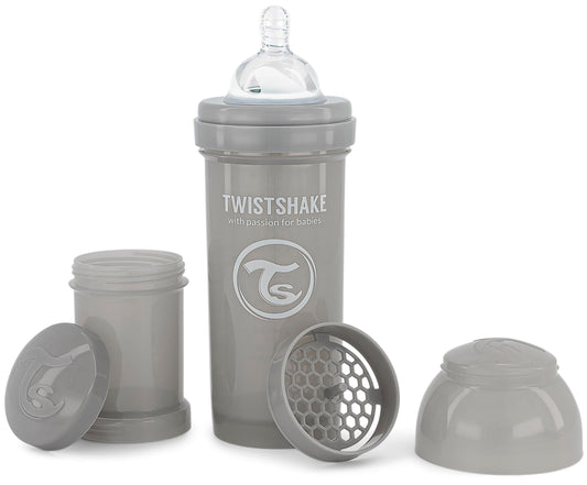 Twistshake koolikuvastane lutipudel 260 ml + piimapulbri konteiner, hall
