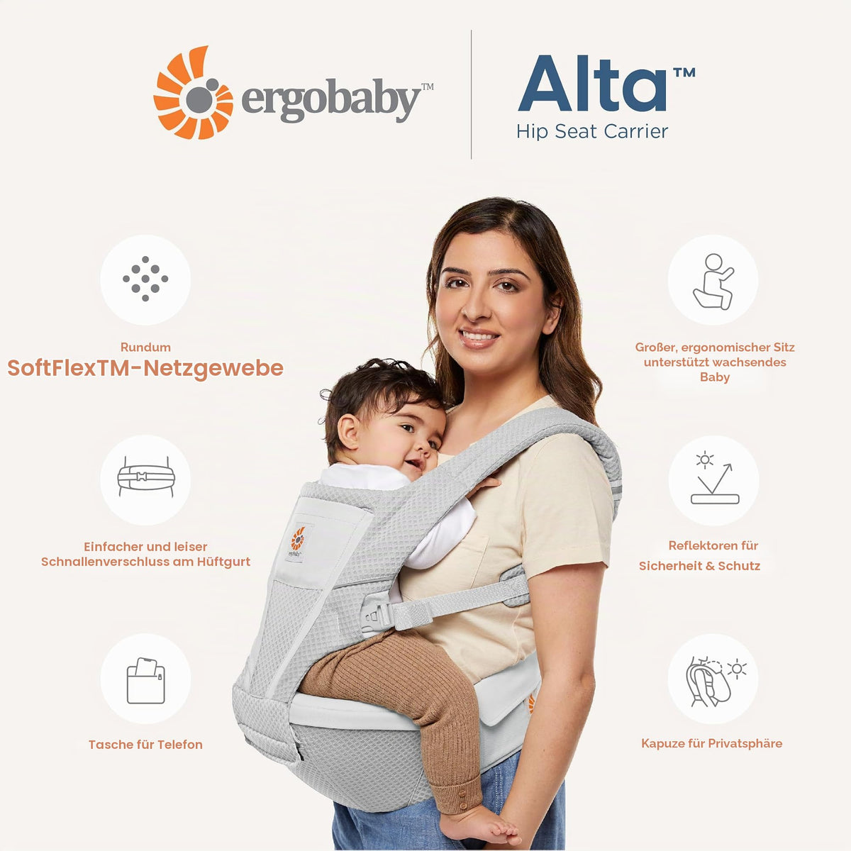 Ergobaby Alta Hip Seat beebikandekott hüftsistmega, SoftFlex Mesh, 4–48 kuud, grafiithall
