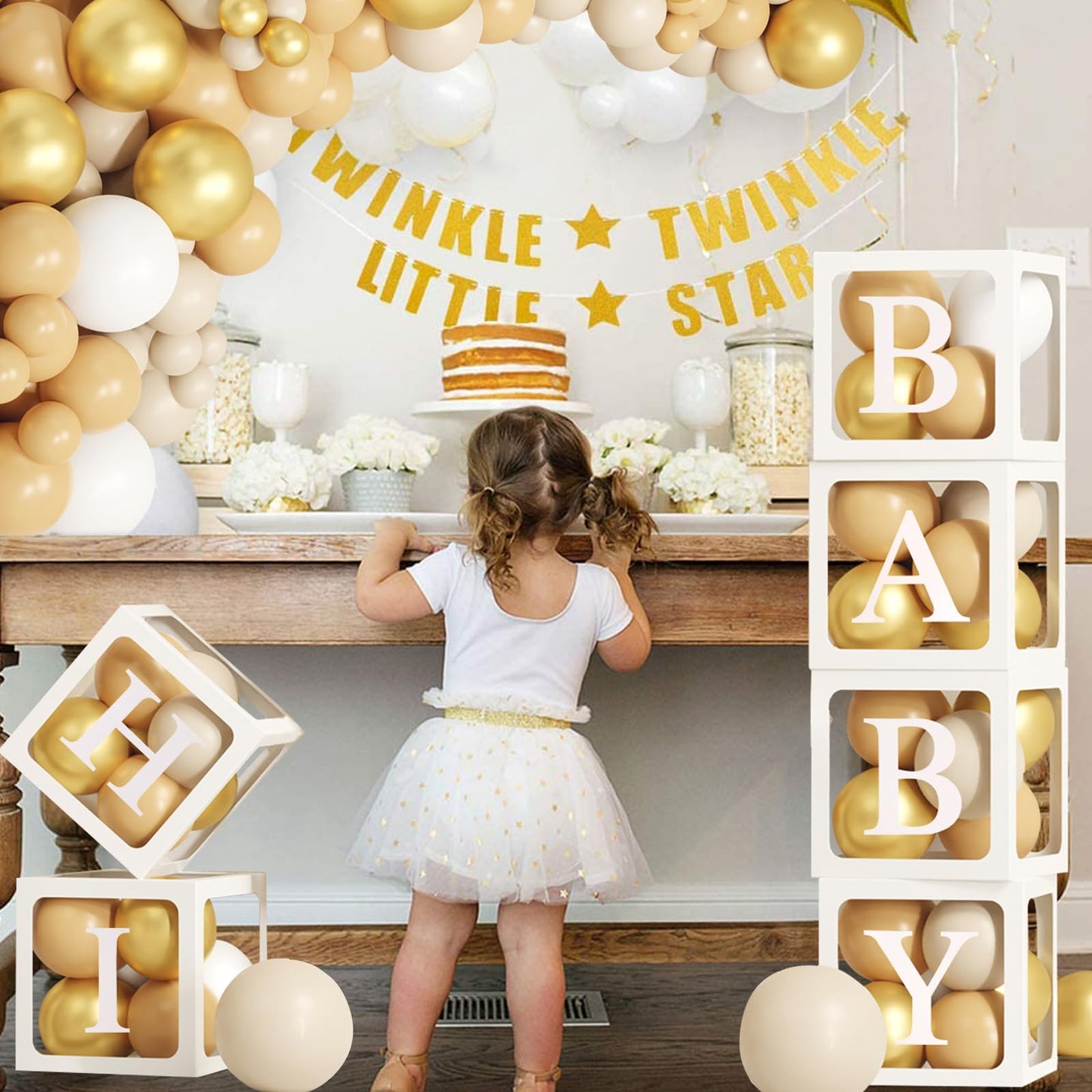 Peo dekoratsioonikomplekt – läbipaistvad õhupallikastid ja õhupallid, valge-kuldne (172 osa)