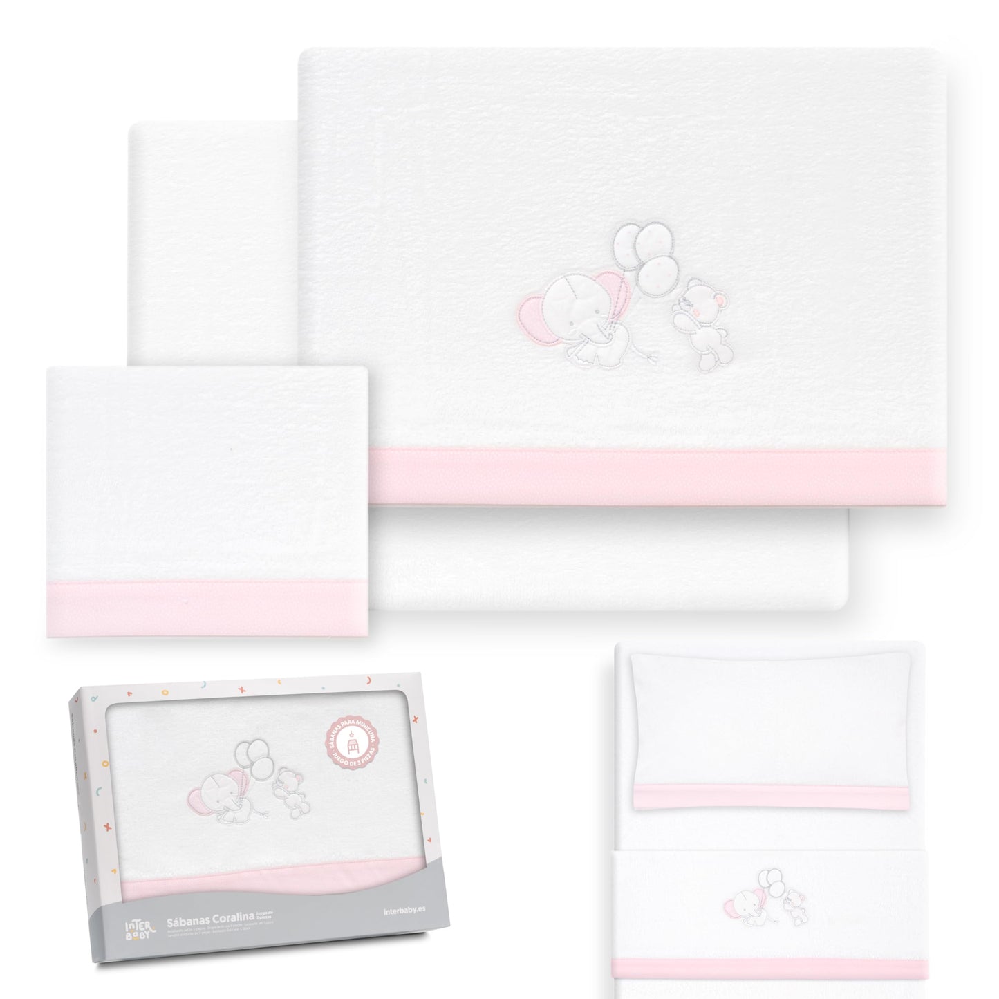 Interbaby talvine voodipesukomplekt 60 × 120 cm, Elephant Balloon valge/roosa