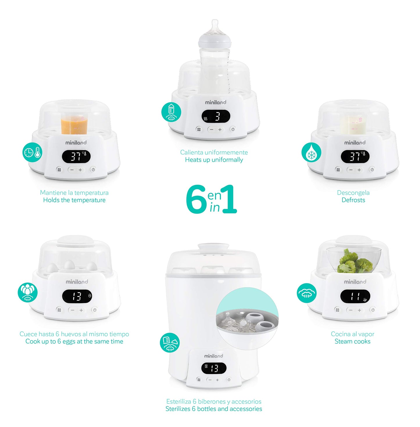 Miniland SUPER 6 – 6-ühes pudelisoojendaja, aurusterilisaator ja auruküpsetaja