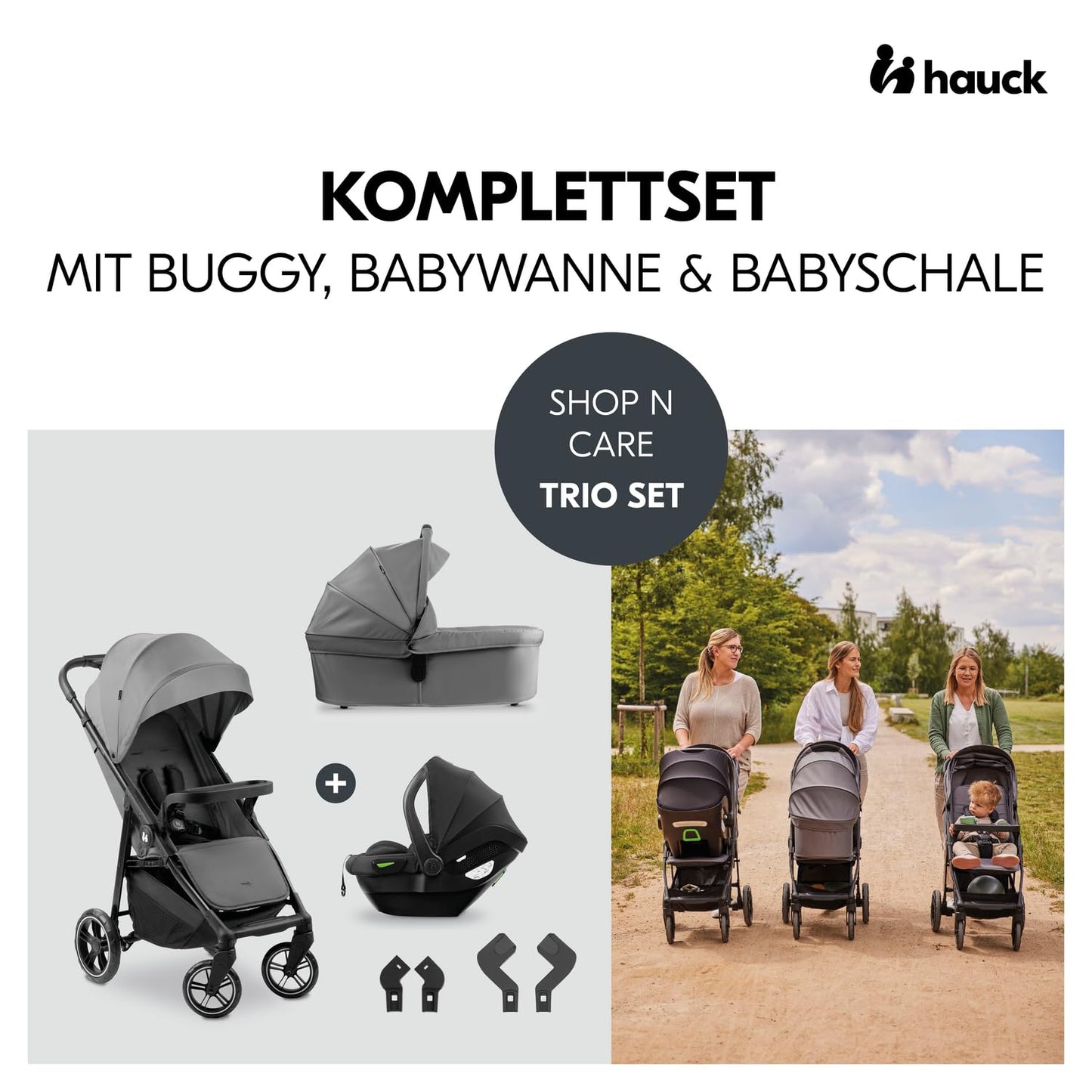 Hauck Shop N Care 3in1 Trio vankrikomplekt - kergkäru, vankrikorv ja turvahäll (Grey)
