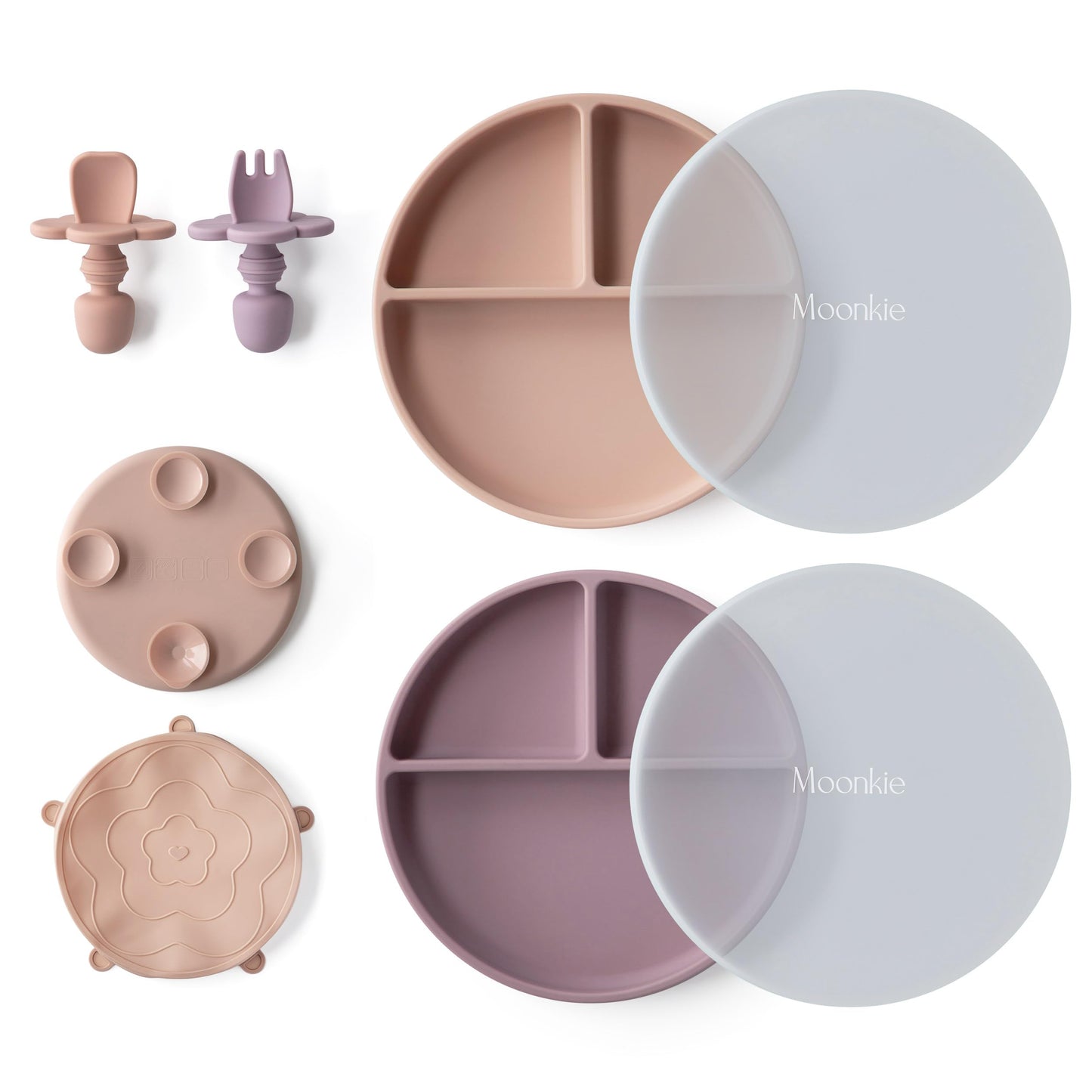 Moonkie silikoonist iminapaga taldrikute komplekt kaante ja söögiriistadega (2 tk), blush/mauve