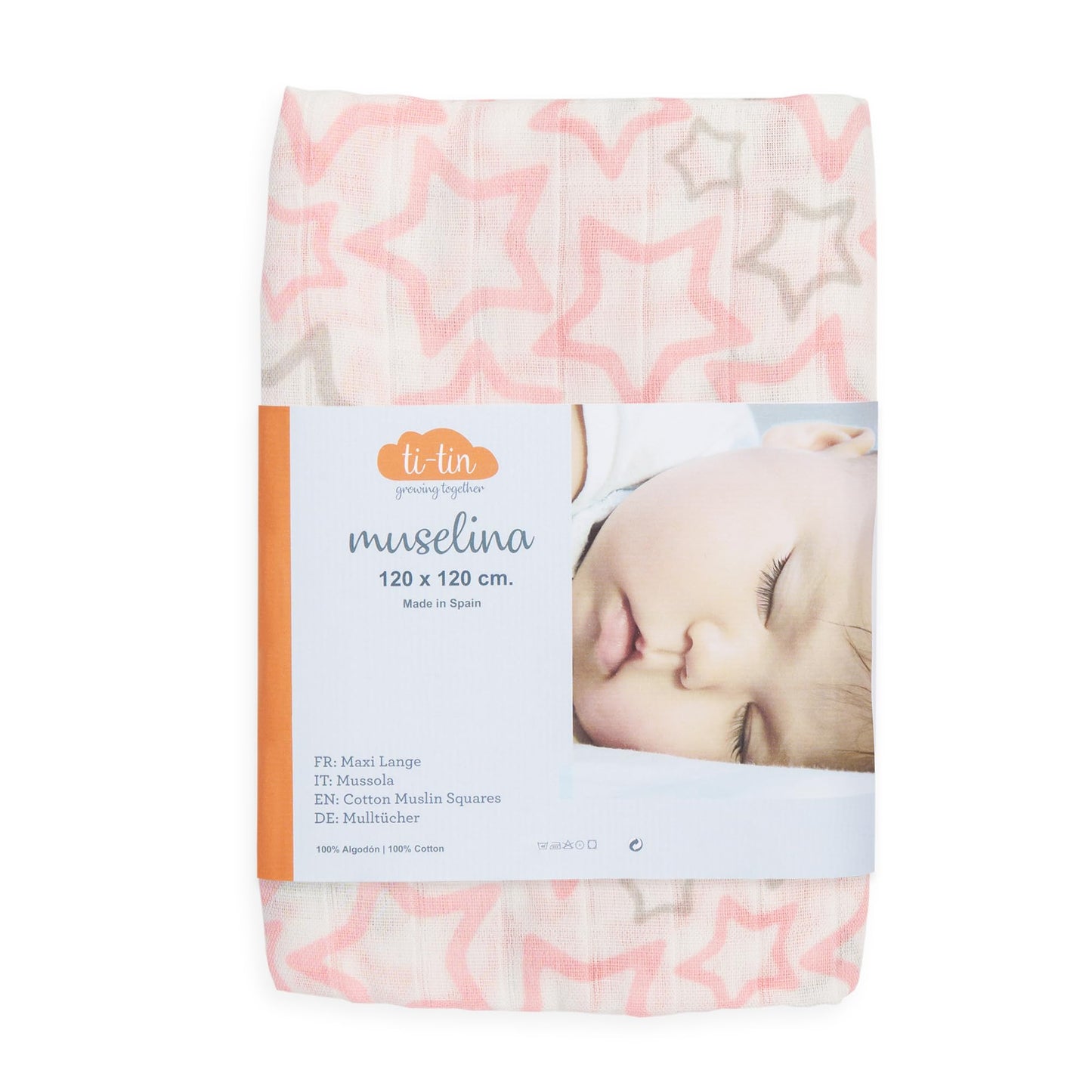 Ti TIN 100% puuvillane musliinlina, roosade tähtedega, 125×125 cm