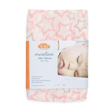 Ti TIN 100% puuvillane musliinlina, roosade tähtedega, 125×125 cm