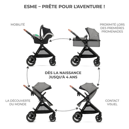 Kinderkraft ESME 3-in-1 vankrikomplekt kandekorvi, jalutuskäru ja i-Size turvahälliga, Moonlight Grey