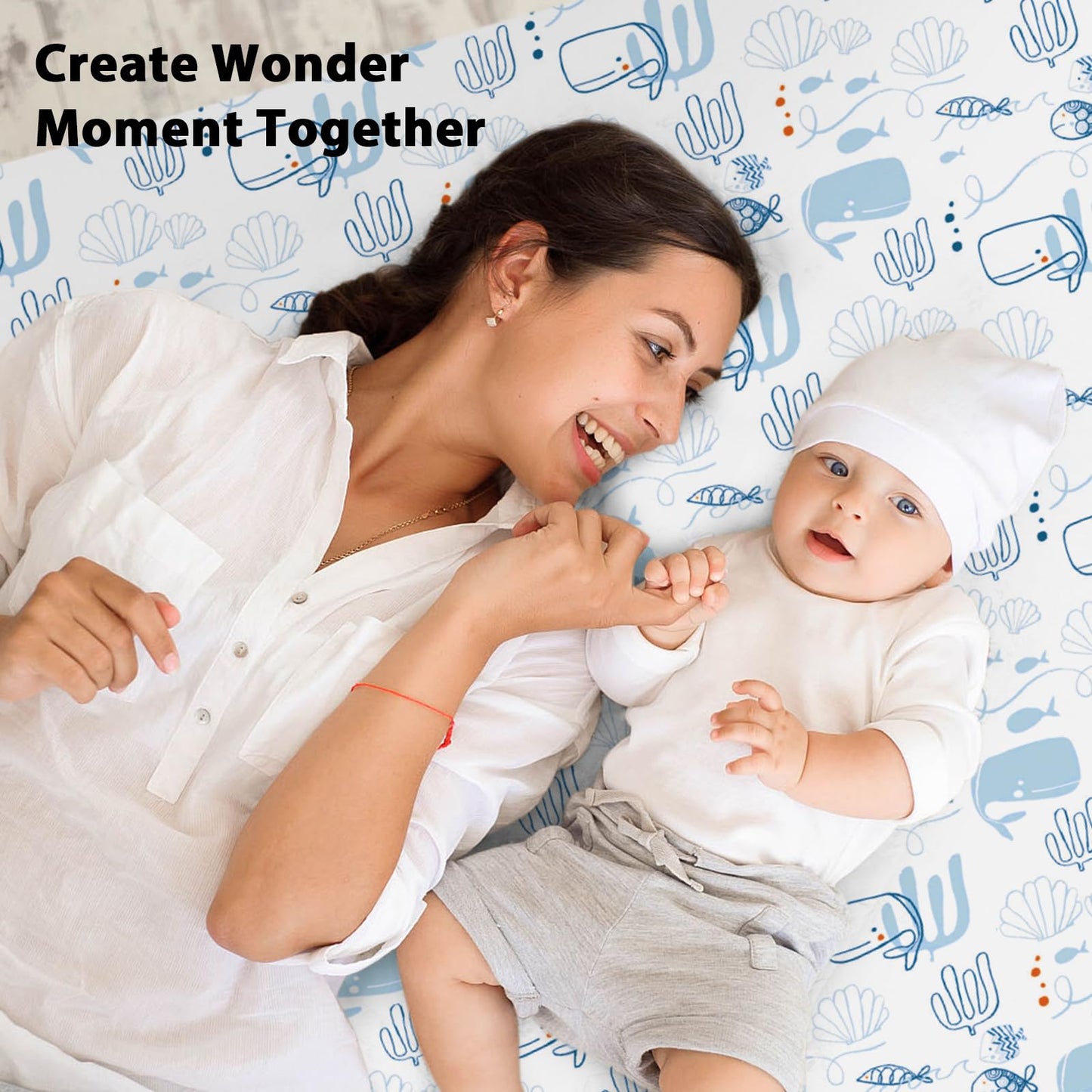 Yoofoss 2-osaline beebivoodi aluslinade komplekt, 70 × 140 cm, sinine merihobukeste mustriga