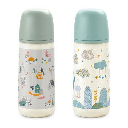 Suavinex 2-osaline komplekt – koolikute vastased beebipudelid 360 ml, sinine ja roheline