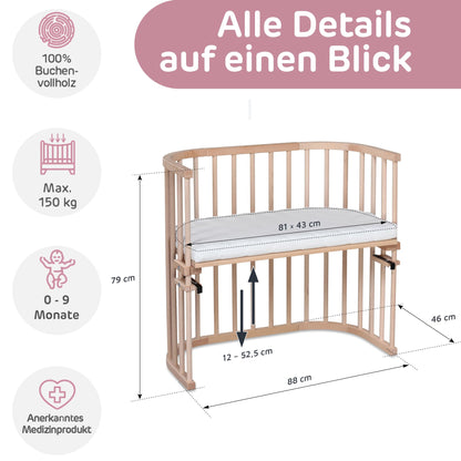 babybay Original vooditasku pöögipuust, naturaalne + voodipehmendus (mesh), lina ja madrats