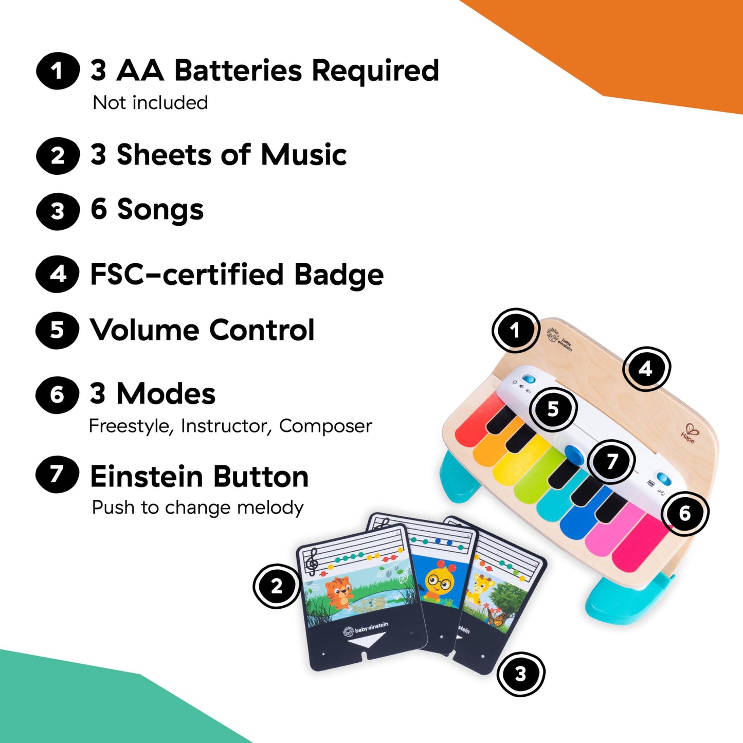 Baby Einstein & Hape Magic Touch puidust mängupiano, Montessori muusikamänguasi, 6+ kuud