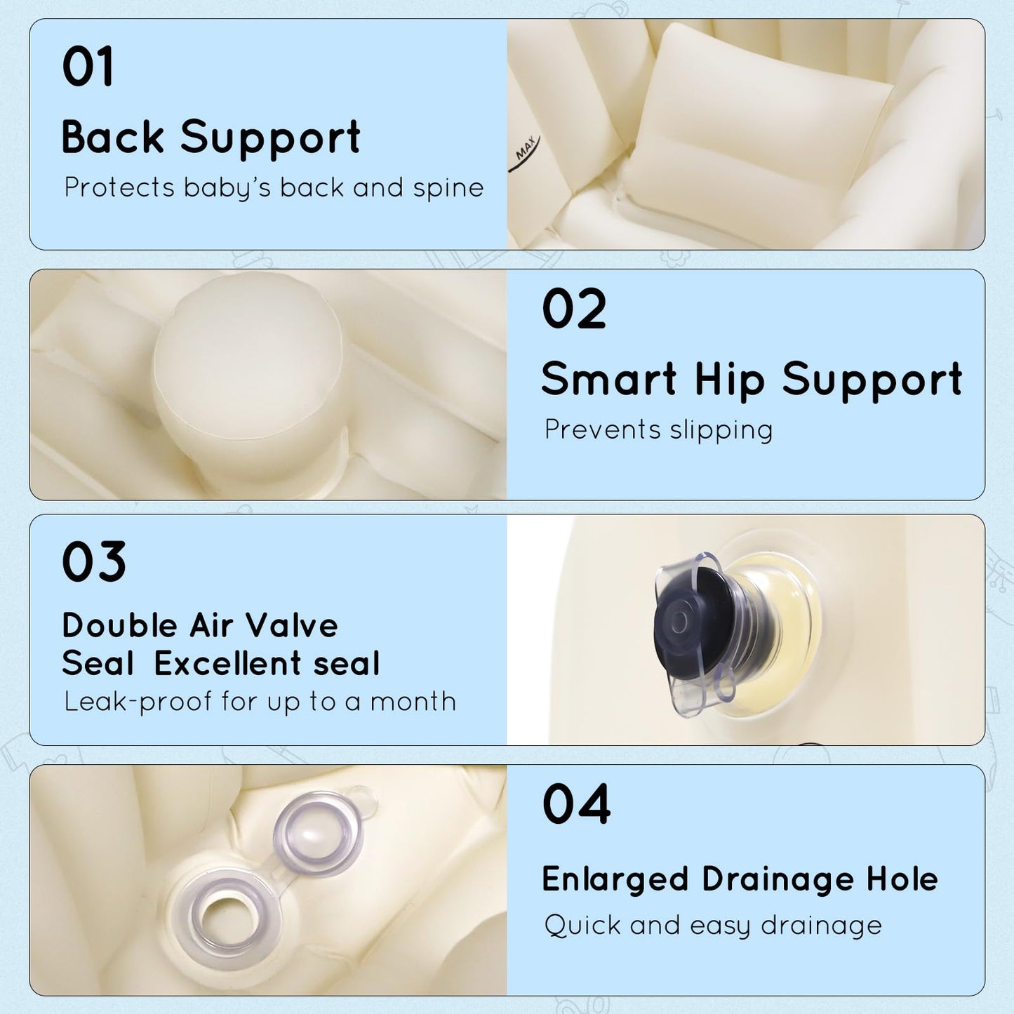 Adoraland täispuhutav beebivann, kokkupandav ja libisemisvastane, kreemvalge