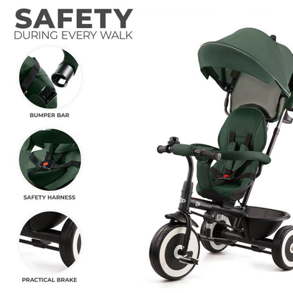 Kinderkraft Aston Tricycle, Baby Push Trike, Kids First Bike, Free Wheel Functions, Parent Handle, Footrest, Accessories, Bag, Cupholder, from 9 Months to 5 Years, Green