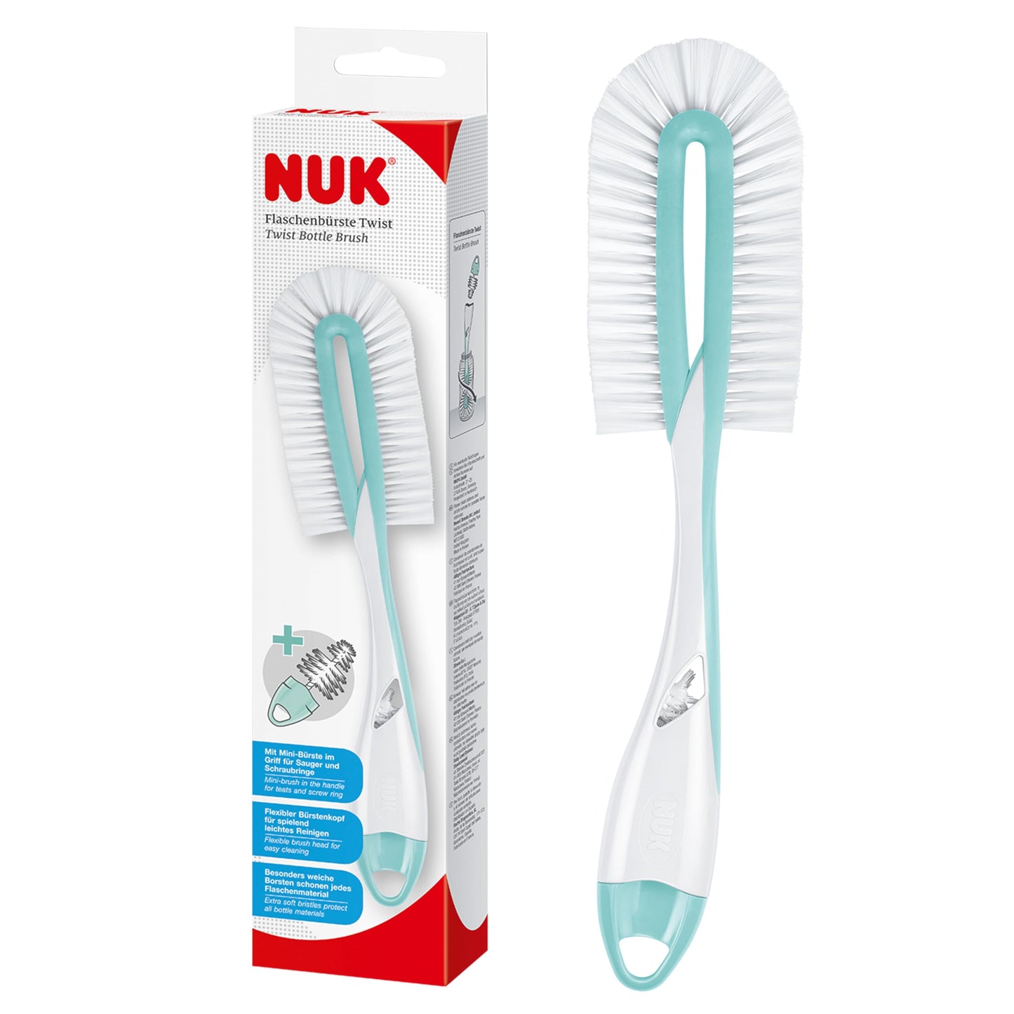 NUK Twist pudelihari käsnaga ja integreeritud pudeliluti harjaga, münt, 1 tk