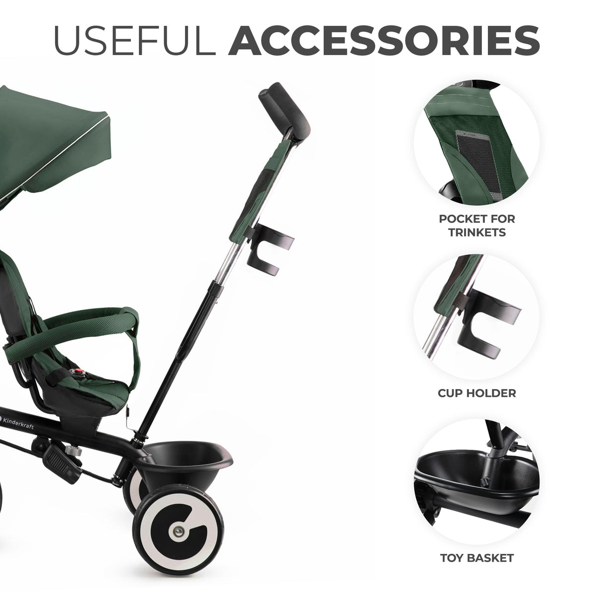 Kinderkraft Aston Tricycle, Baby Push Trike, Kids First Bike, Free Wheel Functions, Parent Handle, Footrest, Accessories, Bag, Cupholder, from 9 Months to 5 Years, Green