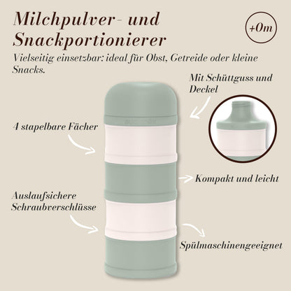 SUAVINEX piimapulbri dosaator ja snäkikarp 4-osaline, roheline, 0+ kuud