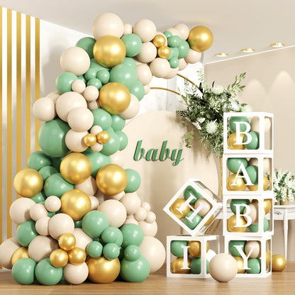 Peo dekoratsioonikomplekt – läbipaistvad õhupallikastid ja õhupallid, roheline-kuldne (172 osa)