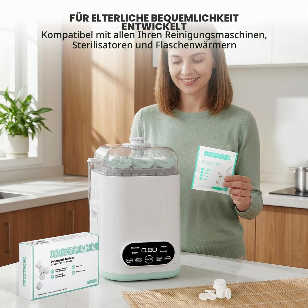COZYPEPE lutipudelite puhastustabletid pudelipesurile ja sterilisaatorile, ensüümivalemiga