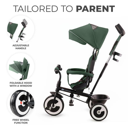 Kinderkraft Aston Tricycle, Baby Push Trike, Kids First Bike, Free Wheel Functions, Parent Handle, Footrest, Accessories, Bag, Cupholder, from 9 Months to 5 Years, Green