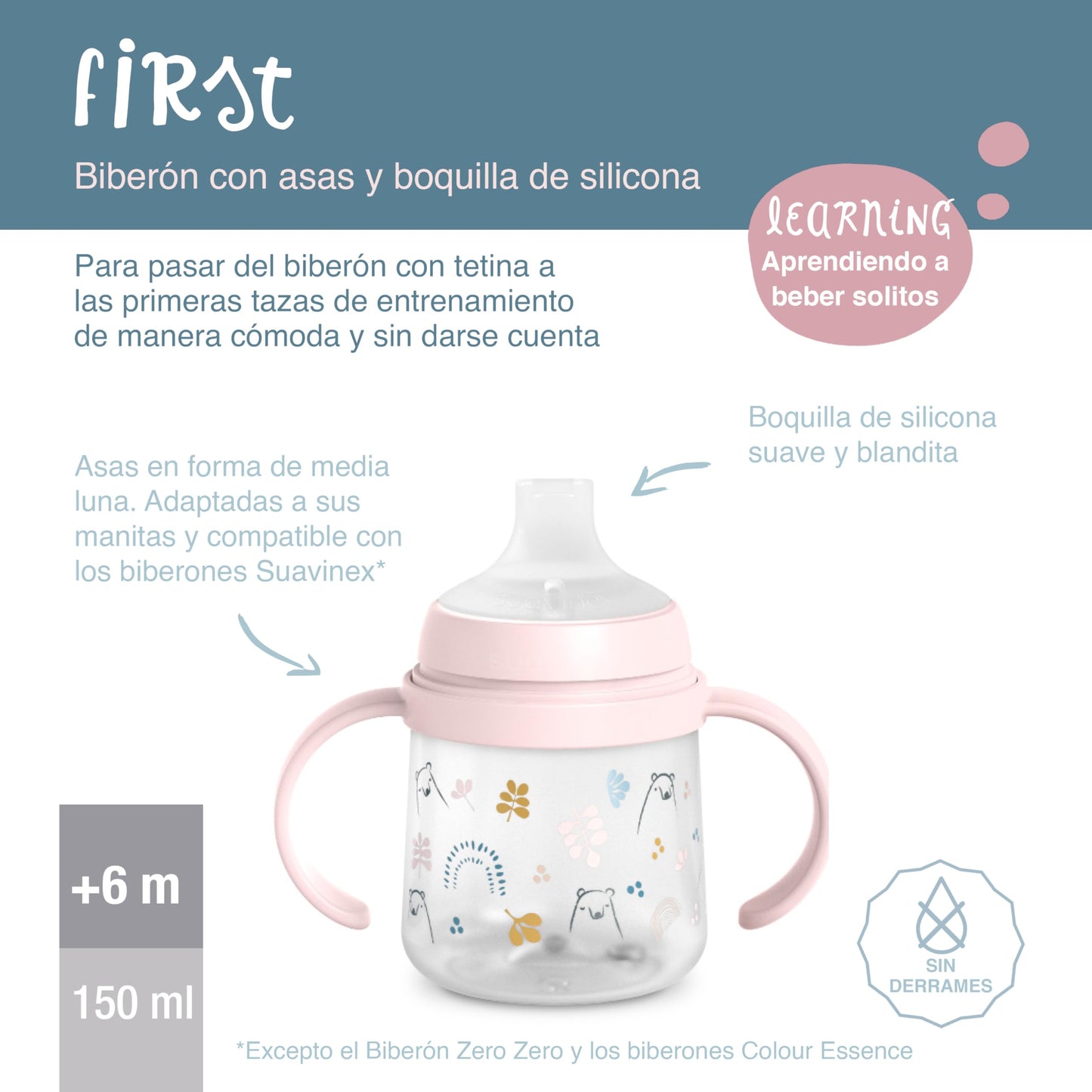 Suavinex õppimistops sangadega, pehme silikoonist joogitila, 150 ml, 6+ kuud, sinine (Bears)