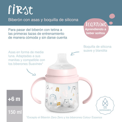 Suavinex õppimistops sangadega, pehme silikoonist joogitila, 150 ml, 6+ kuud, sinine (Bears)