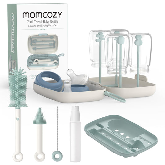 Momcozy 7-ühes beebipudelite puhastuskomplekt silikoonharjade ja kuivatusrestiga, roheline