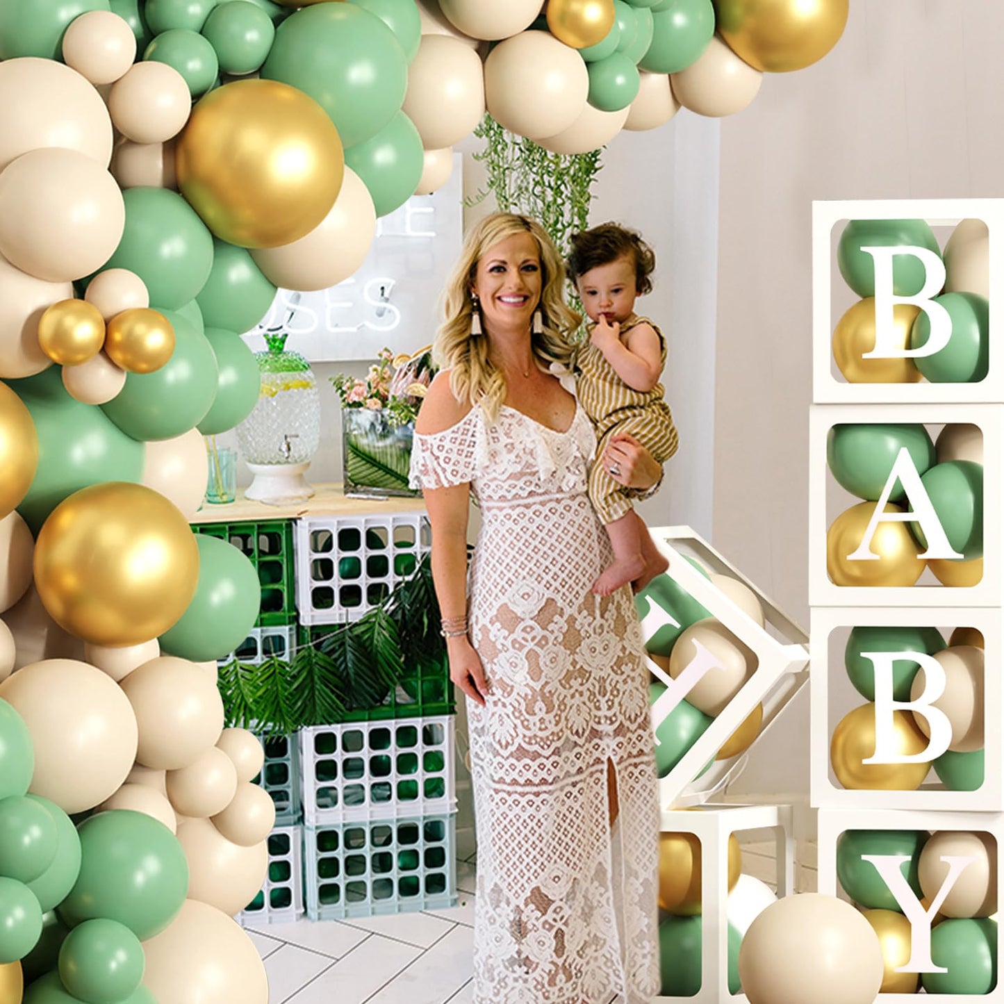 Peo dekoratsioonikomplekt – läbipaistvad õhupallikastid ja õhupallid, roheline-kuldne (172 osa)