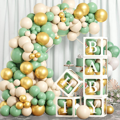 Peo dekoratsioonikomplekt – läbipaistvad õhupallikastid ja õhupallid, roheline-kuldne (172 osa)