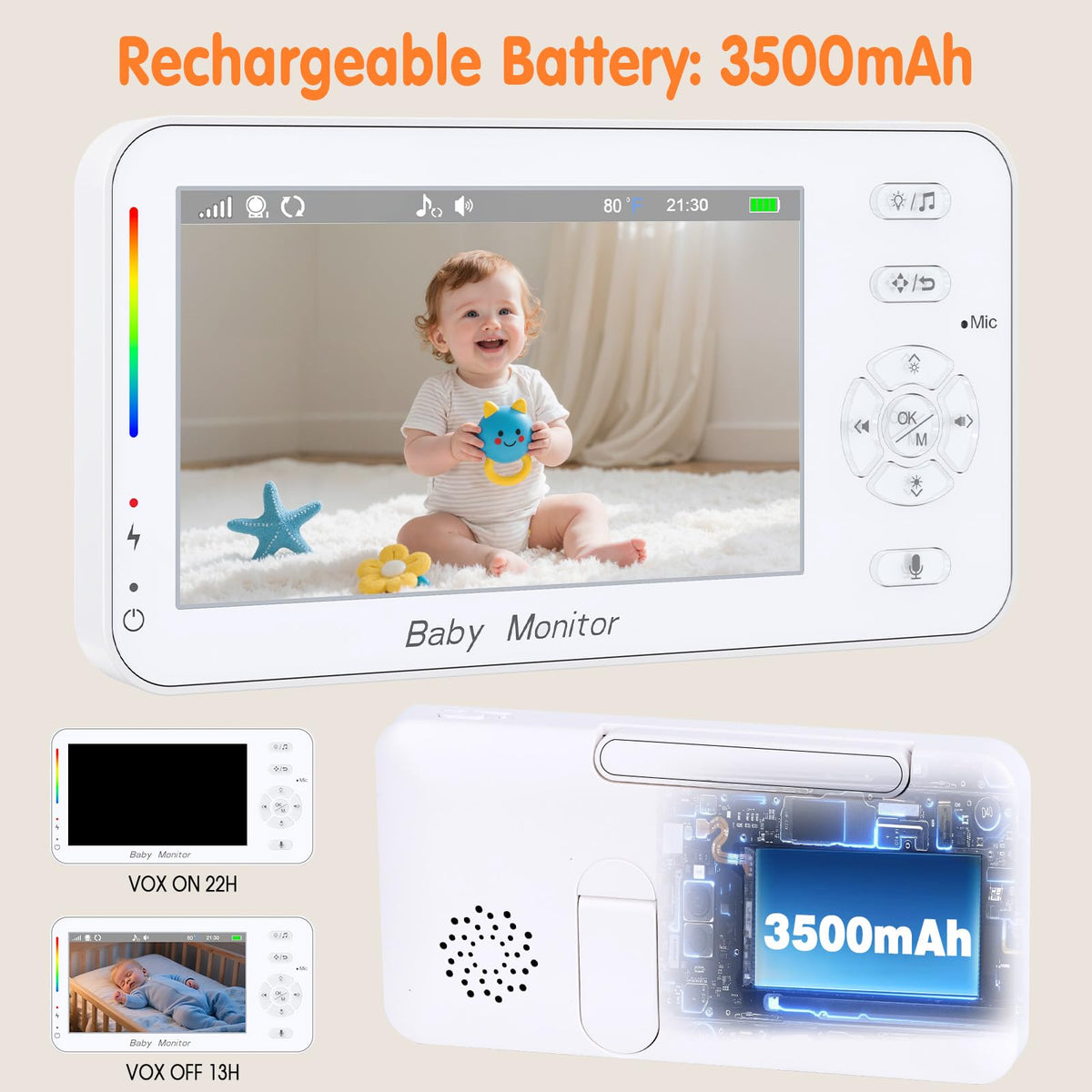 Beebimonitor kaamera ja nutirakendusega, 4,3-tolline ekraan, pööratav Full HD 1080p kaamera, öönägemine, nutu- ja liikumisandur