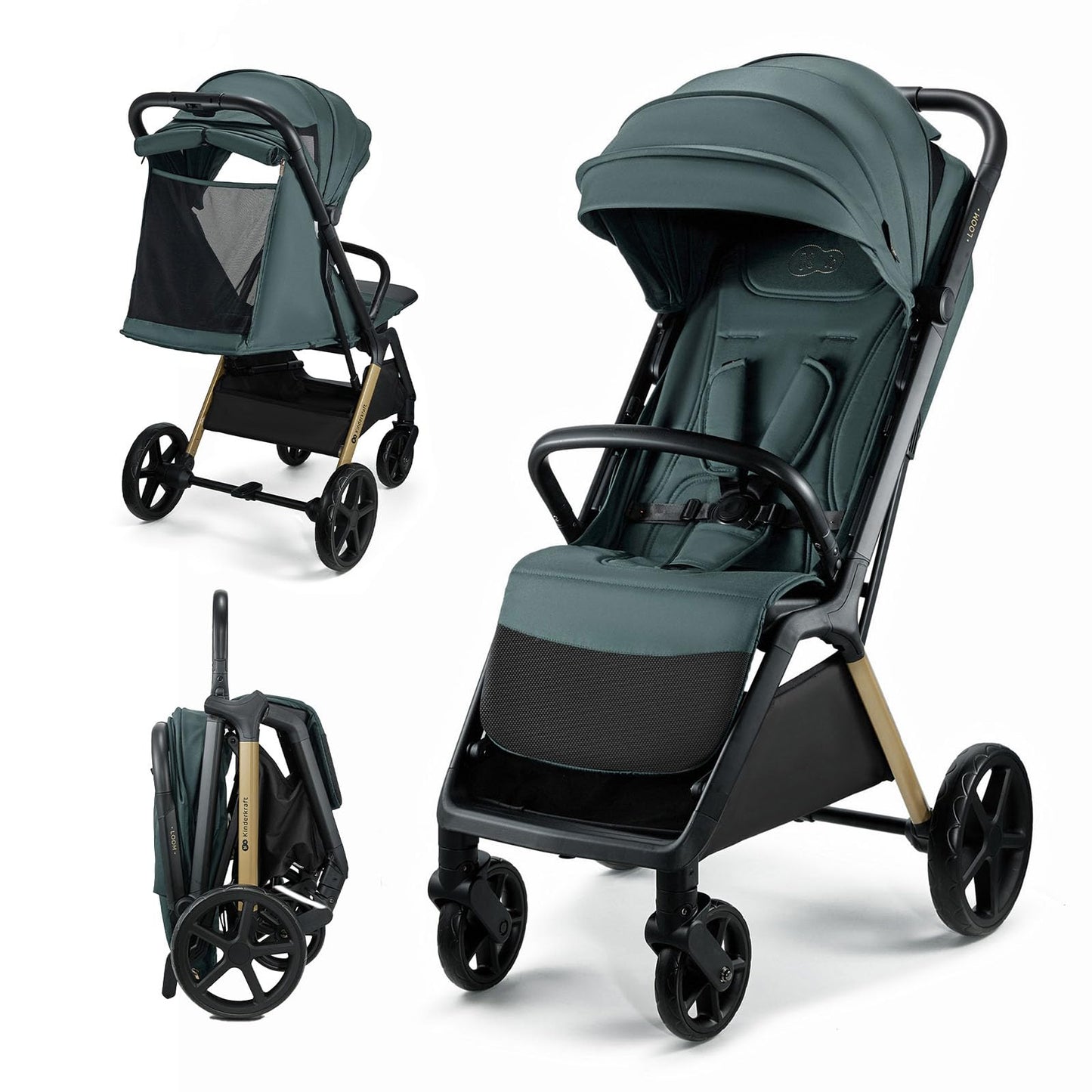 Kinderkraft LOOM kompaktne ja kerge jalutuskäru, automaatne kokkupanek, roheline