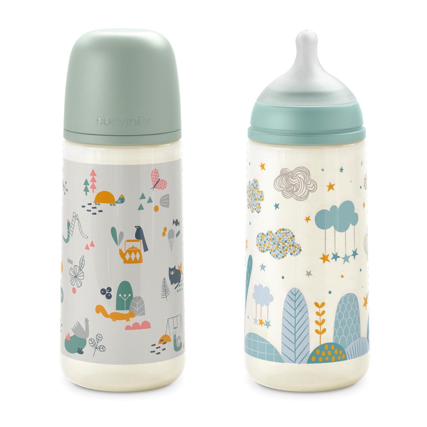 Suavinex 2-osaline komplekt – koolikute vastased beebipudelid 360 ml, sinine ja roheline