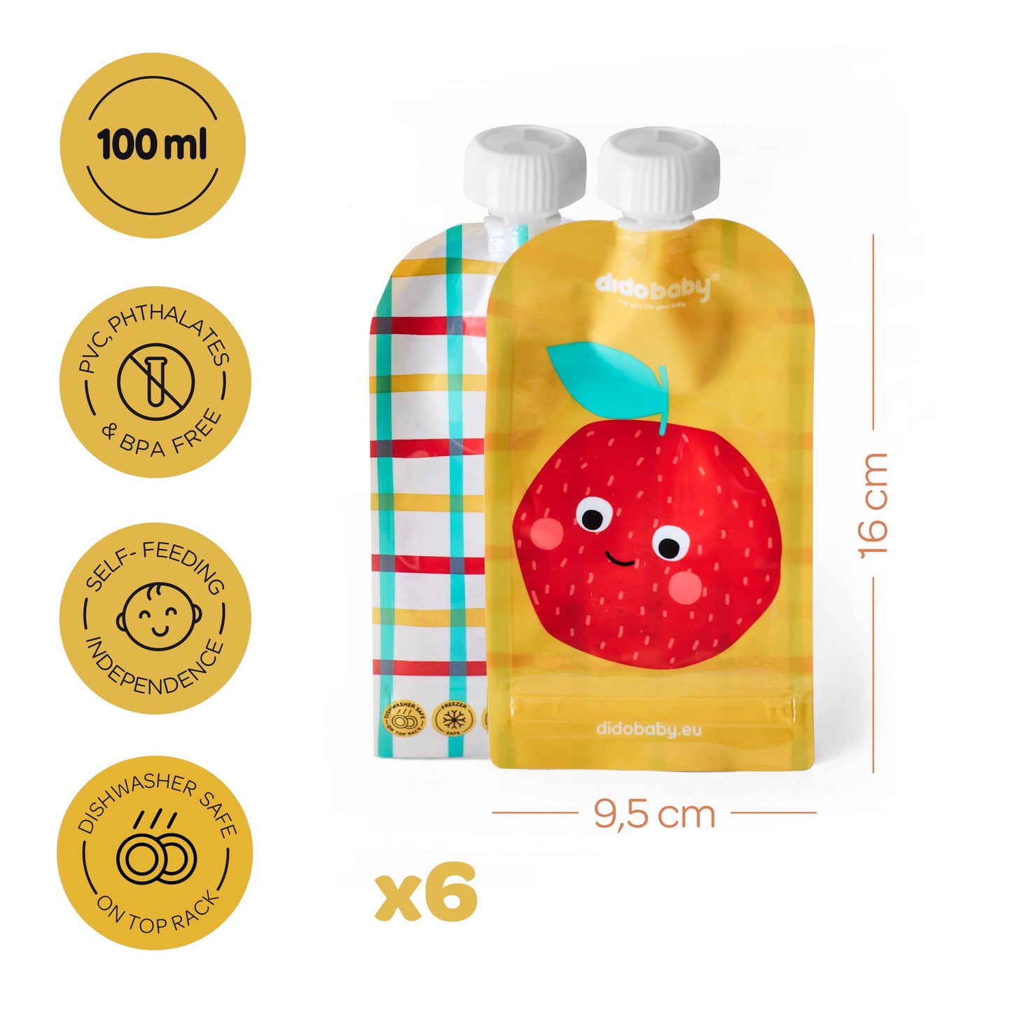 Didobaby korduvkasutatavad beebitoidupakid 6 tk, lekkekindel topeltlukuga lukk