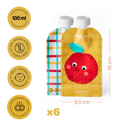 Didobaby korduvkasutatavad beebitoidupakid 6 tk, lekkekindel topeltlukuga lukk