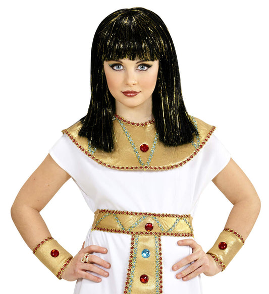 Laste Cleopatra wig, black with golden shimmer threads