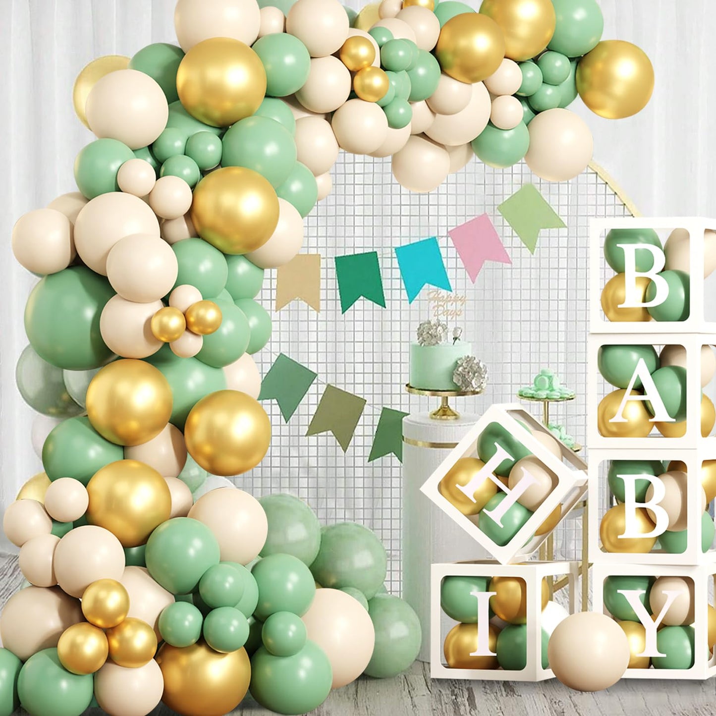 Peo dekoratsioonikomplekt – läbipaistvad õhupallikastid ja õhupallid, roheline-kuldne (172 osa)