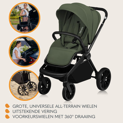 Lionelo Mika Plus 2-ühes lapsevanker (beebihäll ja jalutuskäru), Green olive