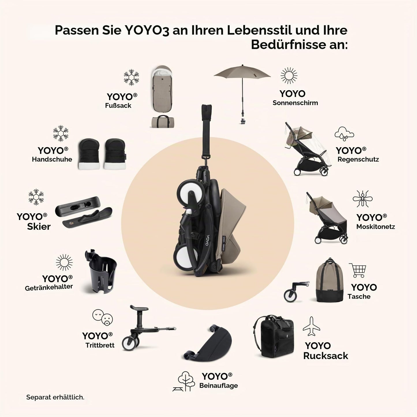 Stokke YOYO3 kergkäru/jalutuskäru, 6+ kuud, valge raam, Taupe kangad + vihmakile