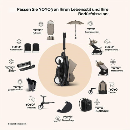 Stokke YOYO3 kergkäru/jalutuskäru, 6+ kuud, valge raam, Taupe kangad + vihmakile
