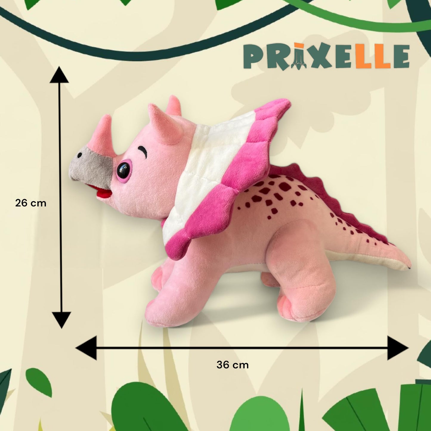 PRIXELLE roosa triceratops dinosaurus-pehme mänguasi, 36 cm
