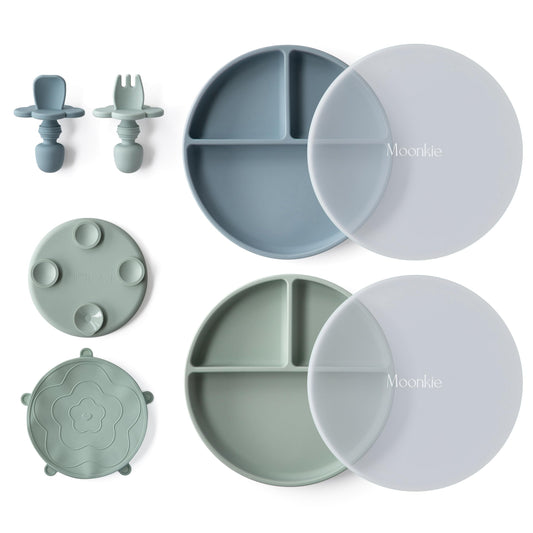 Moonkie silikoonist iminapaga taldrikute komplekt kaante ja söögiriistadega (2 tk), münt/sinine