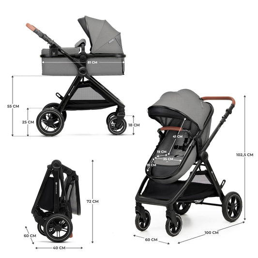 Kinderkraft ESME 3-in-1 vankrikomplekt kandekorvi, jalutuskäru ja i-Size turvahälliga, Moonlight Grey