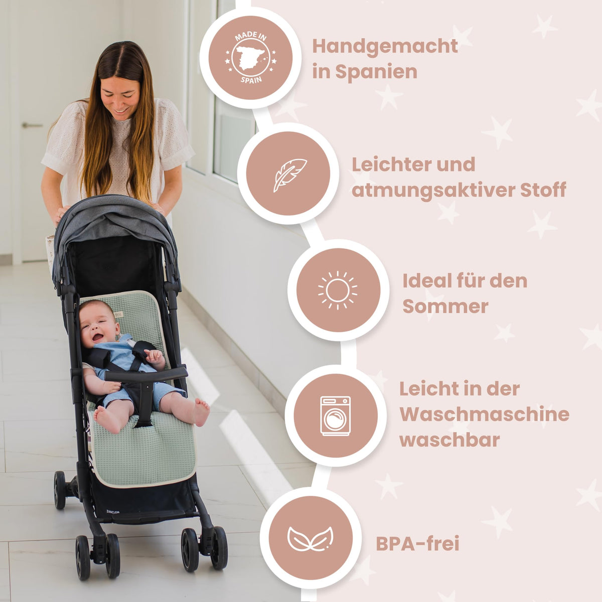MIMUSELINA universaalne vankri istmepadi Waffle Mint, 34 × 84 cm